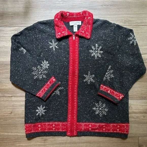 Jones New York | Wool Christmas Zip-Up Sweater w Snowflake Pattern (2X) - Picture 1 of 12